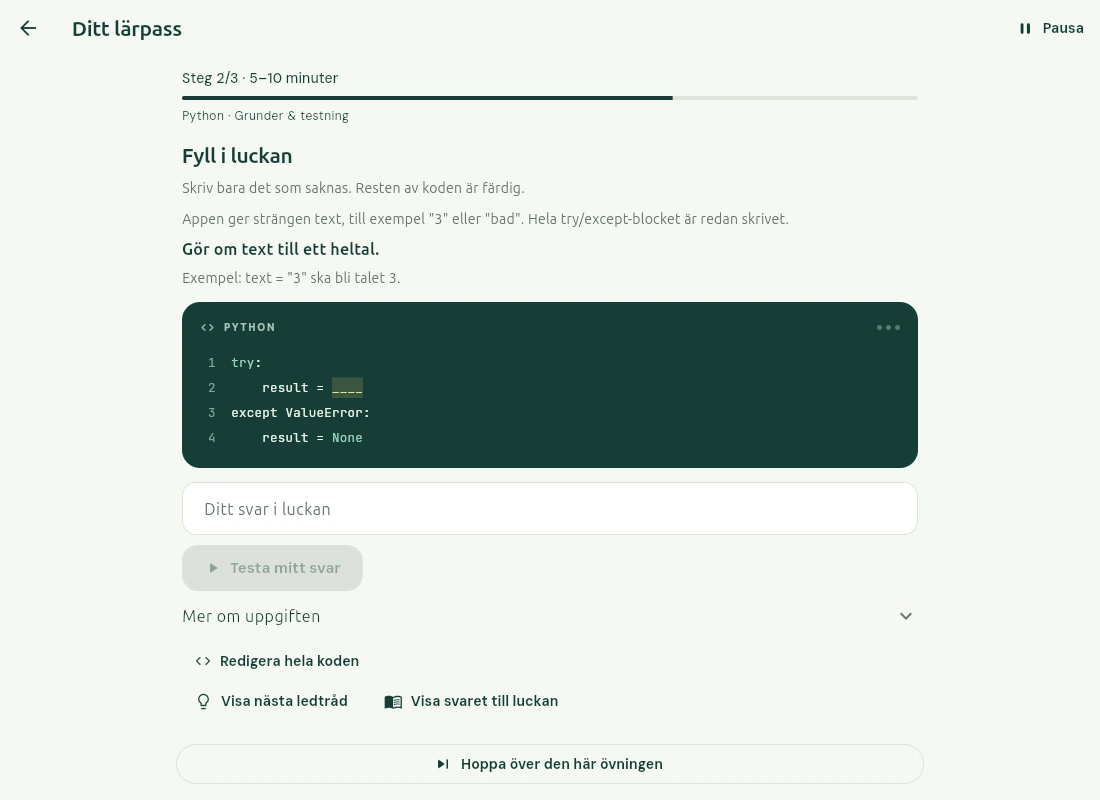 Pythonpasset med en lucka i färdig kod och en enda svarsruta