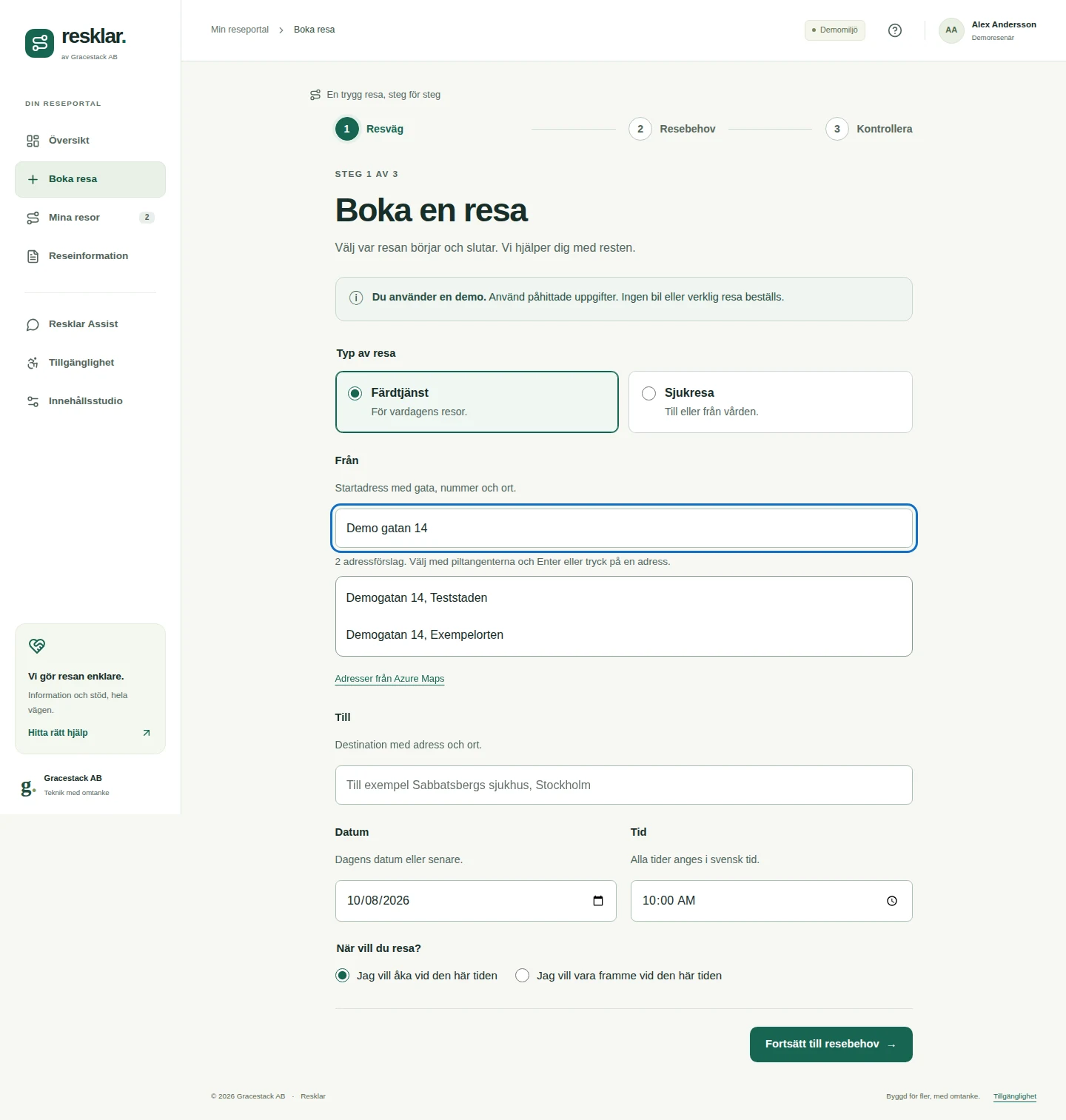 Resklars bokningsformulär med adressförslag och påhittade demouppgifter